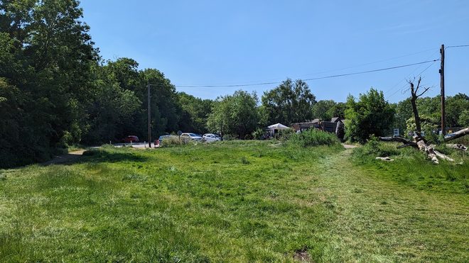 A wide view across the meadow and treeline of Whitewebbs Park