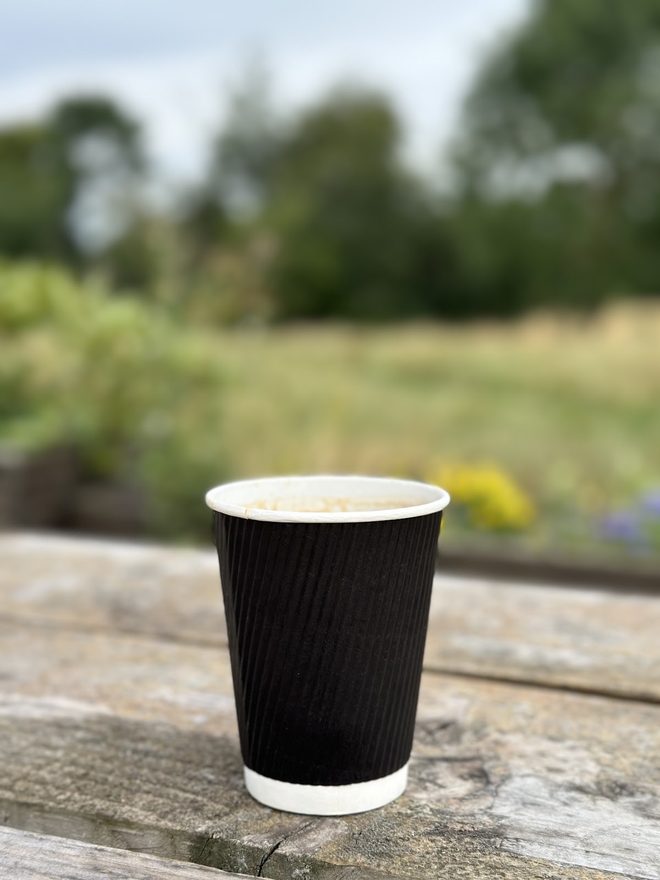 Coffee cup on a bench with the park behind